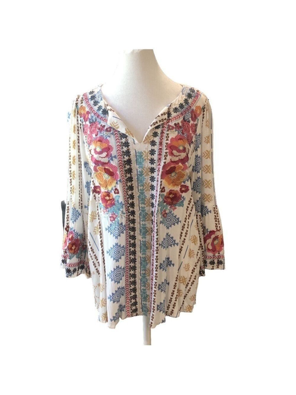 Colorful embroidered pullover top  Size S. Bell cuff sleeves. Lightweight boho